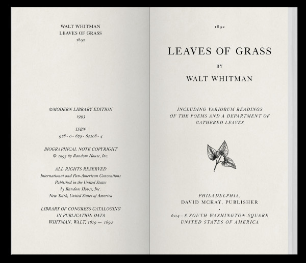 Frontispiece and colophon for Leaves of Grass by Walt Whitman (2020)