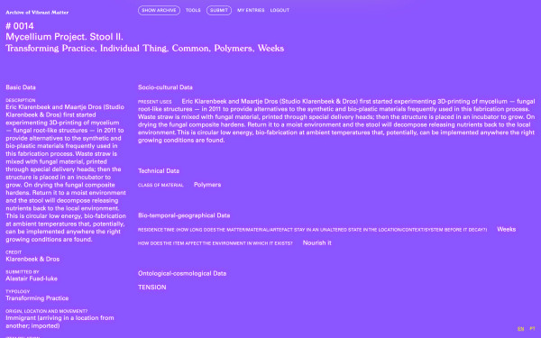 The Archive of Vibrant Matter website screenshot